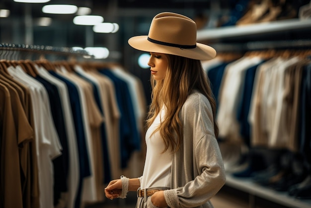 Hermosa mujer joven con sombrero mirando la ropa en la tienda