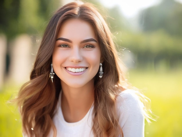 Una hermosa mujer joven sonriendo al aire libre mirando a la cámara con confianza