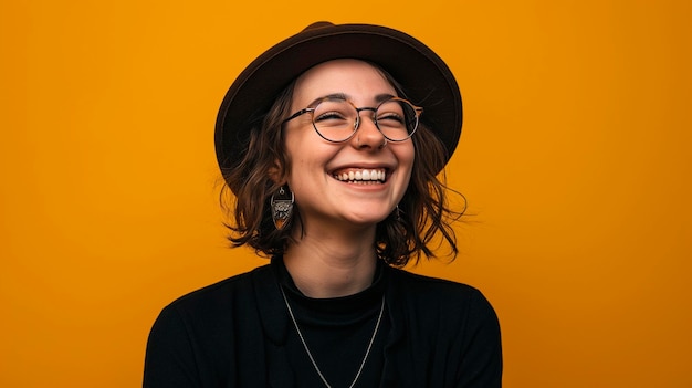 Hermosa mujer joven sonriendo con sombrero y ropa negra y con gafas