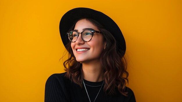 Hermosa mujer joven sonriendo con sombrero y ropa negra y con gafas