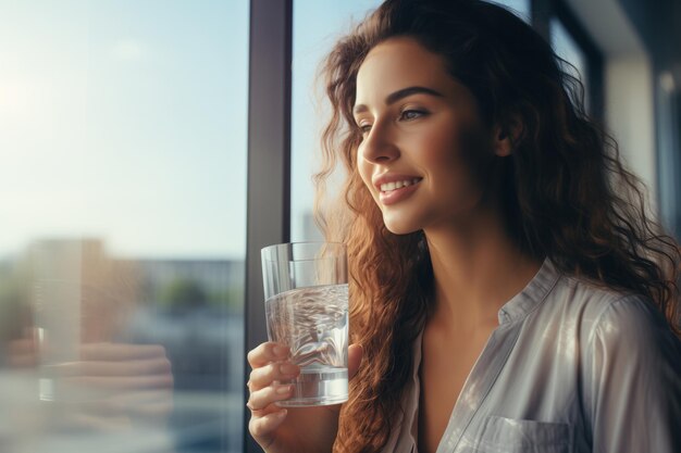 Foto hermosa mujer joven sonriente sosteniendo un vaso de agua y mirando lejos a casa