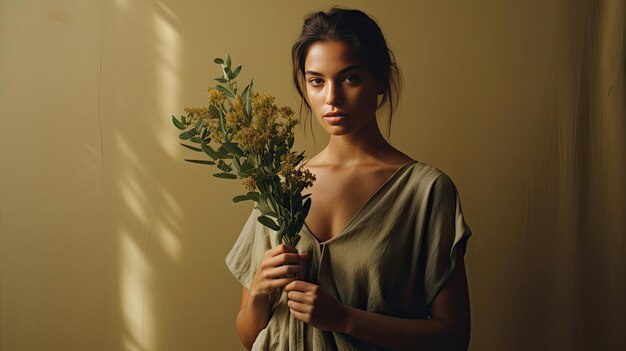 Hermosa mujer joven sosteniendo un concepto de cosmética orgánica vegetal ai generado