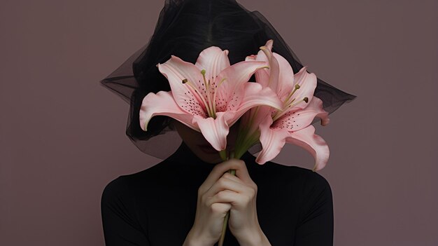 Foto hermosa mujer joven sosteniendo una flor en sus manos sobre un fondo rosa oscuro