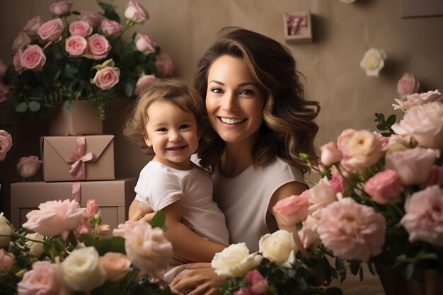 Una hermosa mujer joven sosteniendo a su niña sonriendo