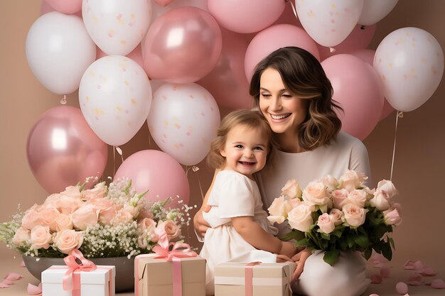 Una hermosa mujer joven sosteniendo a su niña sonriendo