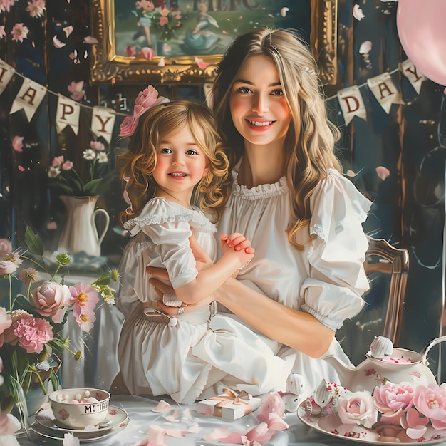 Una hermosa mujer joven sosteniendo a su niña sonriendo