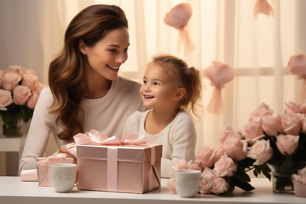 Una hermosa mujer joven sosteniendo a su niña sonriendo