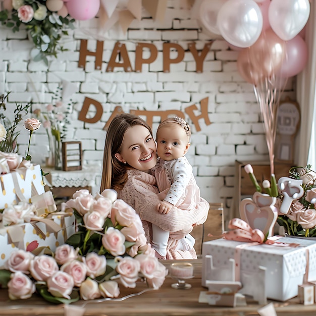 Foto una hermosa mujer joven sosteniendo a su niña sonriendo