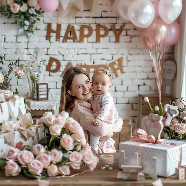 Una hermosa mujer joven sosteniendo a su niña sonriendo