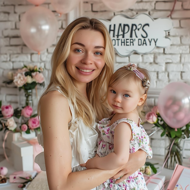 Una hermosa mujer joven sosteniendo a su niña sonriendo