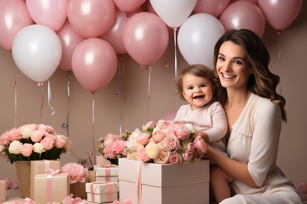 Una hermosa mujer joven sosteniendo a su niña sonriendo