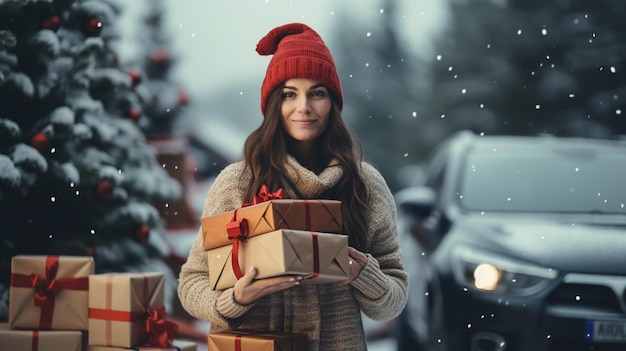 Hermosa mujer joven con un suéter tejido parada cerca de un auto con un árbol de Navidad en la parte superior bajo la nieve Felices vacaciones de invierno Foto de alta calidad