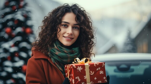 Hermosa mujer joven con un suéter tejido parada cerca de un auto con un árbol de Navidad en la parte superior bajo la nieve Felices vacaciones de invierno Foto de alta calidad