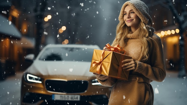 Hermosa mujer joven con un suéter tejido parada cerca de un auto con un árbol de Navidad en la parte superior bajo la nieve Felices vacaciones de invierno Foto de alta calidad