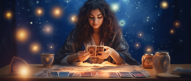 hermosa mujer joven tarot adivina con tarjeta de tarot