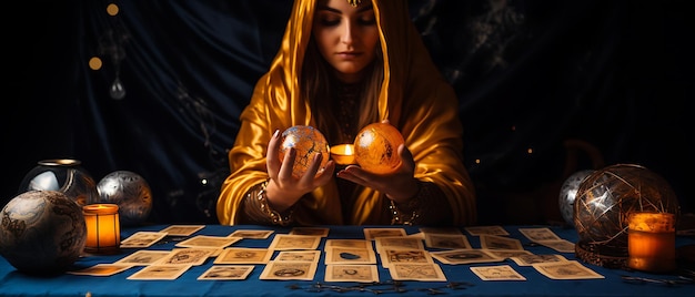 hermosa mujer joven tarot adivina con tarjeta de tarot