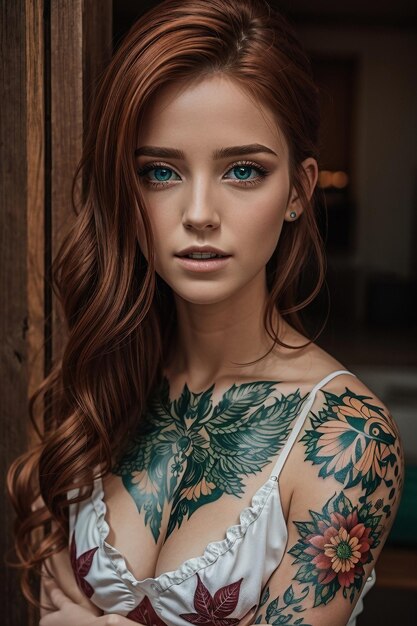 Foto hermosa mujer joven con tatuajes en su cuerpo