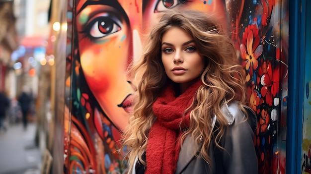 Una hermosa mujer joven en el telón de fondo del vibrante arte callejero en Montmartre