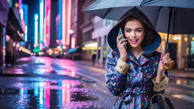 Foto una hermosa mujer joven vestida con impermeable hablando