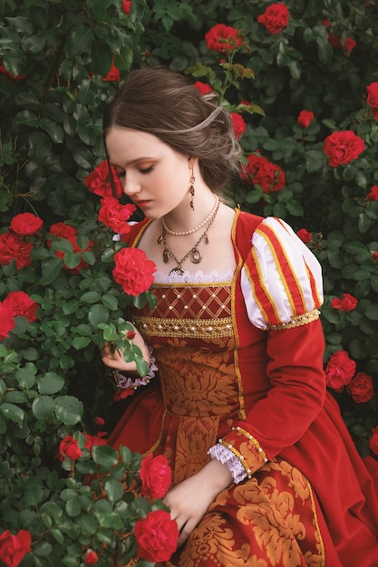 Hermosa mujer joven con un vestido de estilo medieval está sentada en el jardín con rosas rojas