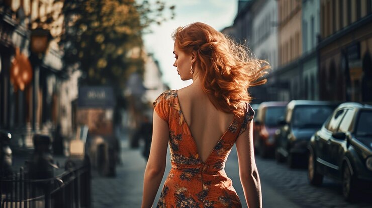 Hermosa mujer joven en un vestido largo caminando en la ciudad generativa ai