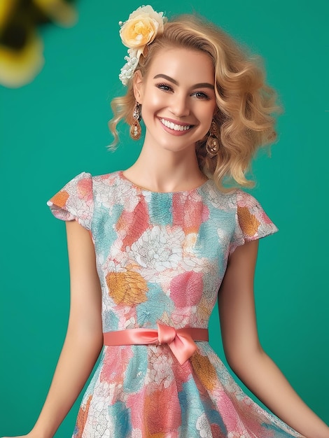 Una hermosa mujer joven en un vestido de moda sonriendo a la cámara