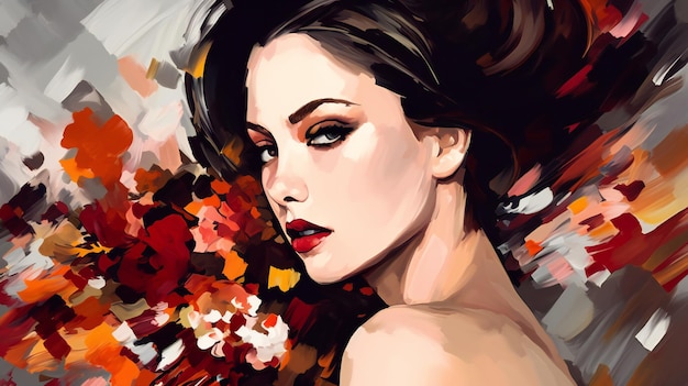 Hermosa mujer con labios rojos y maquillaje brillante