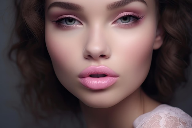 Hermosa mujer con labios rosa pastel primer plano piel blanca sobre fondo rosa