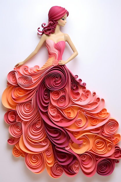 Hermosa mujer en un largo vestido de bola pose dinámica colorido papel quilled sobre un fondo blanco.