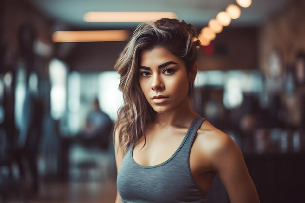 Hermosa mujer latina atlética en el gimnasio Red neuronal generada por IA