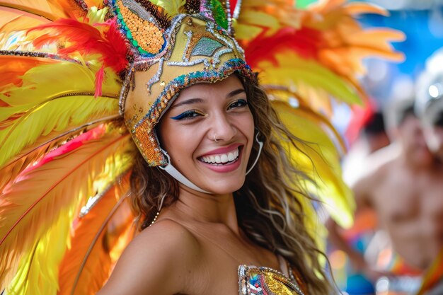 Foto hermosa mujer latina bailando en las calles durante el carnaval