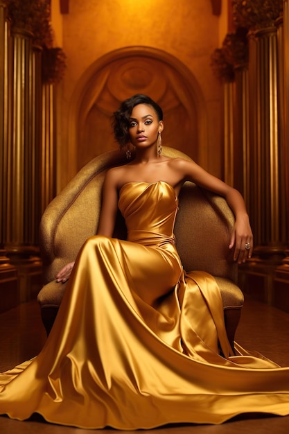 Hermosa mujer latina con vestido dorado en habitación dorada