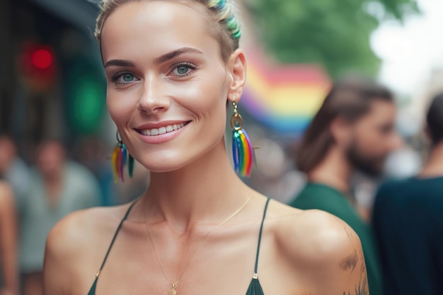 Hermosa mujer lesbiana al aire libre Retrato de una chica homosexual en el desfile del orgullo gay