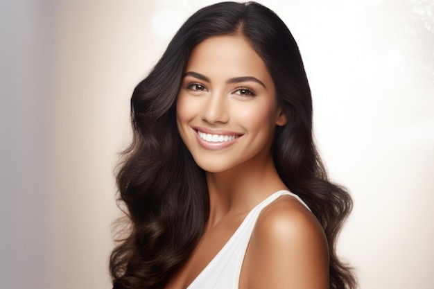 Hermosa mujer linda con una hermosa sonrisa Anuncio de dientes blancos para un producto de sonrisa perfecta