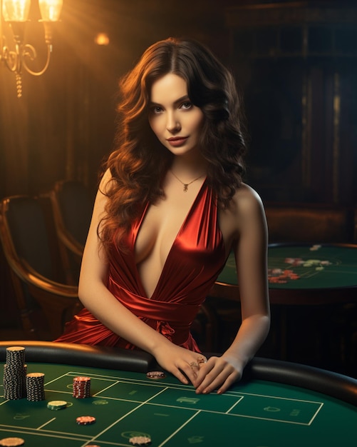 hermosa mujer luciendo muy sexy en su vestido en una mesa de casino