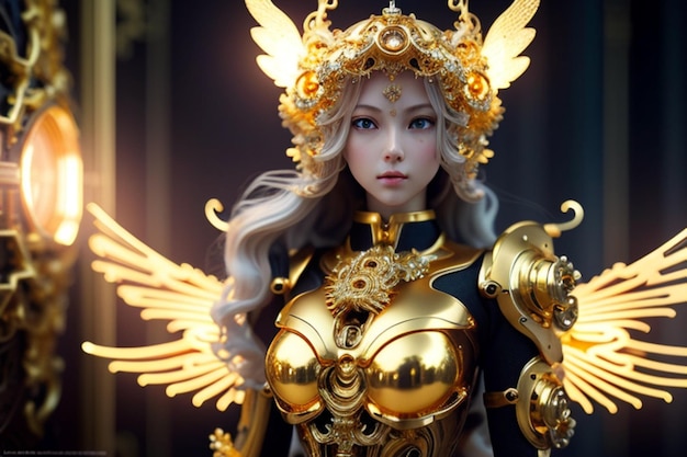 Hermosa mujer luz ángel mech oro y marfil detalles mech templo volando por encima intrincado