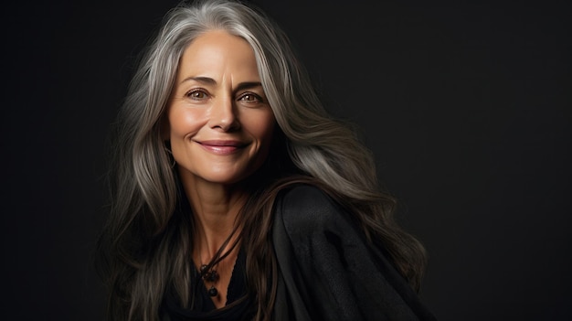 Una hermosa mujer madura envejecida con el cabello gris largo y la cara sonriente feliz