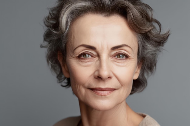 Hermosa mujer madura de mediana edad de los años 50 mirando a la cámara aislada en blanco anciana madura primer plano retrato anti edad cara saludable cuidado de la piel belleza cuidado de la piel más antiguo concepto de cosmética y cosmetología