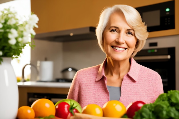 Foto hermosa mujer madura senior preparando comida saludable y deliciosa en la cocina