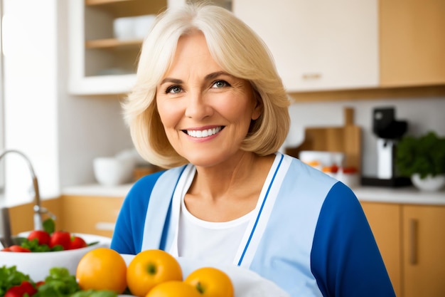 Foto hermosa mujer madura senior preparando comida saludable y deliciosa en la cocina