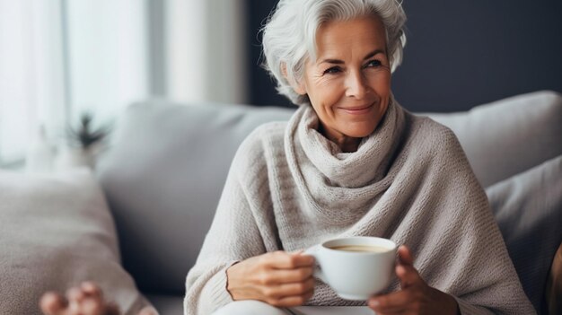 Hermosa mujer madura sentada en el sofá en invierno y bebiendo té caliente