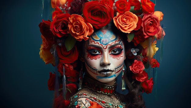 Hermosa mujer con maquillaje de calavera de azúcar Dia de los muertos Día de los Muertos