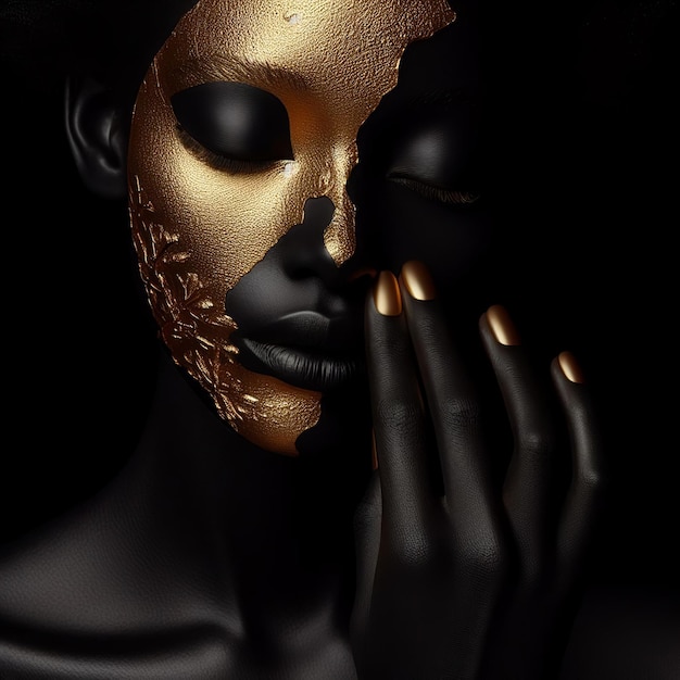 Hermosa mujer con máscara de oro sobre fondo negro