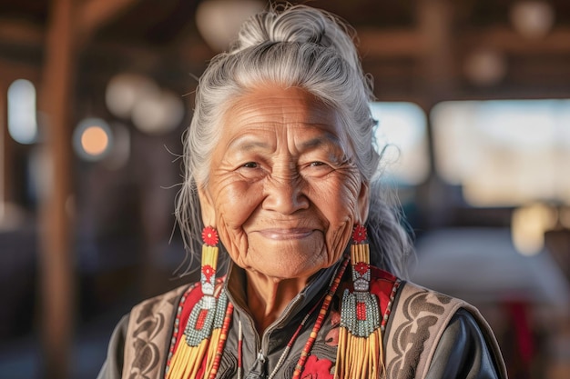 Hermosa mujer mayor nativa americana de unos setenta años sonriendo expresando confianza y positividad