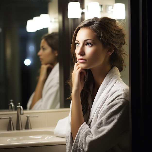 Una hermosa mujer de mediana edad admirándose en un espejo del baño mientras se viste con IA generativa