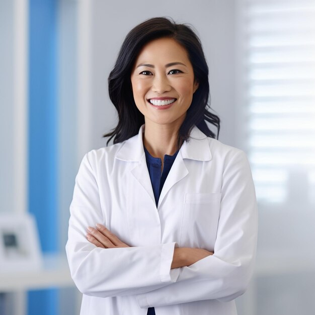 Foto hermosa mujer médica con abrigo blanco en el fondo aislado hd