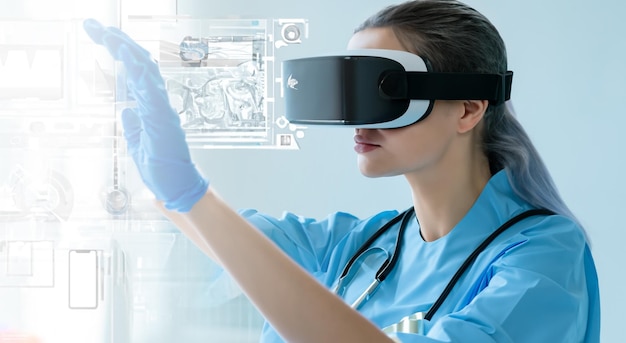 Hermosa mujer médica con gafas de realidad virtual