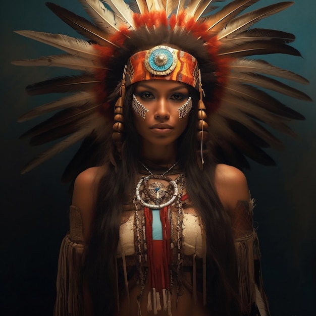 Hermosa mujer medicina apache con plumas en la cabeza y pintura tribal tradicional en la cara