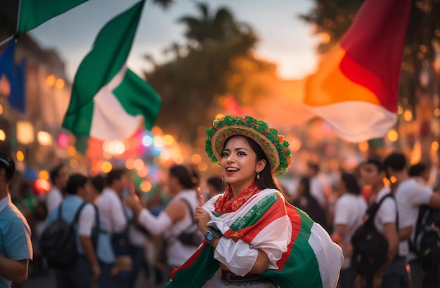 Foto hermosa mujer mexicana con ropa tradicional celebrando el día de la independencia