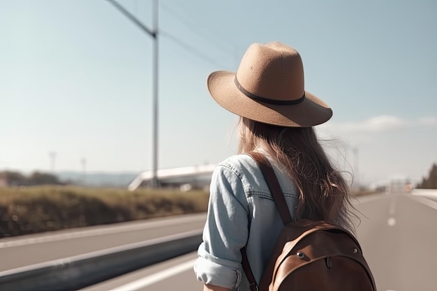 Hermosa mujer milenaria en ropa casual haciendo autostop en la carretera IA generativa